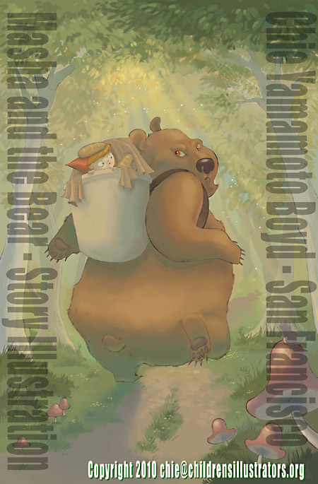Prototype of cover design or full page illustration inside childrens story  book about Marsha and Bear, illustration by Chie Yamamoto Boyd