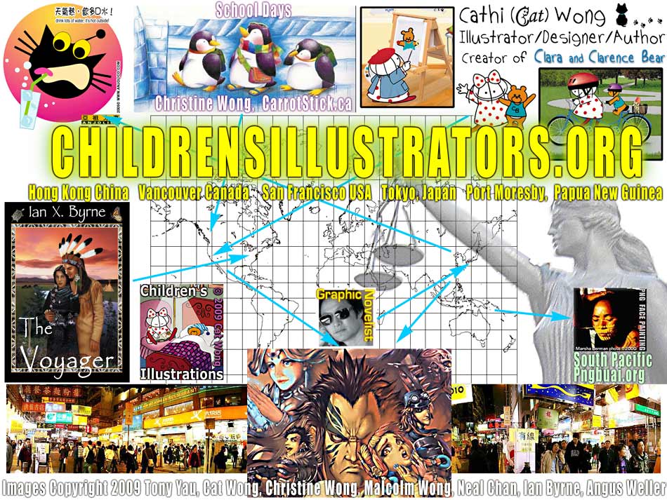 Children's illustrators sample collage of cartoon characters, illustrations, California's San Francisco children's illustrators,  Manga Comic Cover art from Japan, photos of Hong Kong and Papua New Guinea and Vancouver Canada overlaid on Mercator Map Projection 