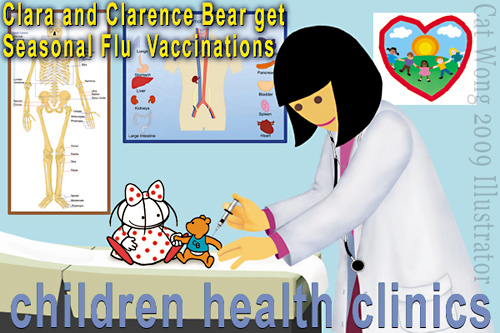 Cat Wong's 2 childrens characters Clara and Clarence Bear getting H1N1 flu vaccine at doctors office. - an image to desensitize children to getting an injection