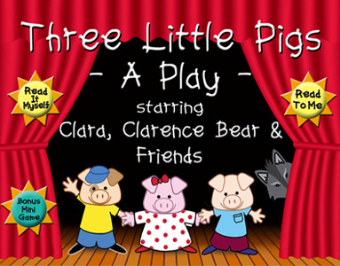 Image of Three Little Pigs characters on stage -  story as Apple app - by childrens illustrator  Cat Wong