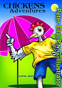Children's cartoon storey book character CHICKEN and his adventures about chicken with fruit and vegetable characters