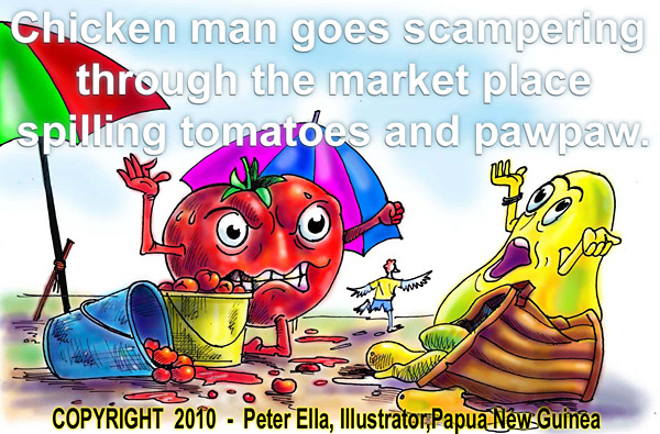 Tomato character and Paw Paw character with frayed nerves in Chicken man adventures children's storey - after Chicken man upsets their beach sellers stands